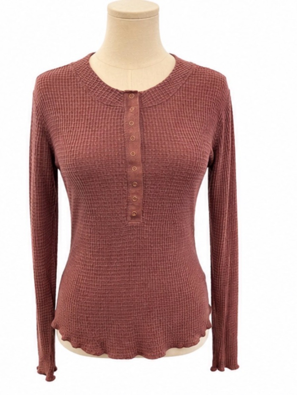Intimately Free People Waffle Knit Henley Top Mauve Large Long Sleeve Thermal